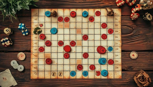 birds eye view of a board game on a rustic wooden table