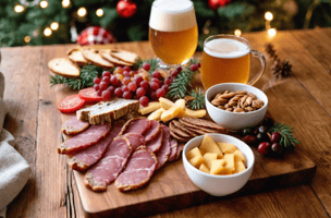 charcuterie and cheese board with mugs of beer